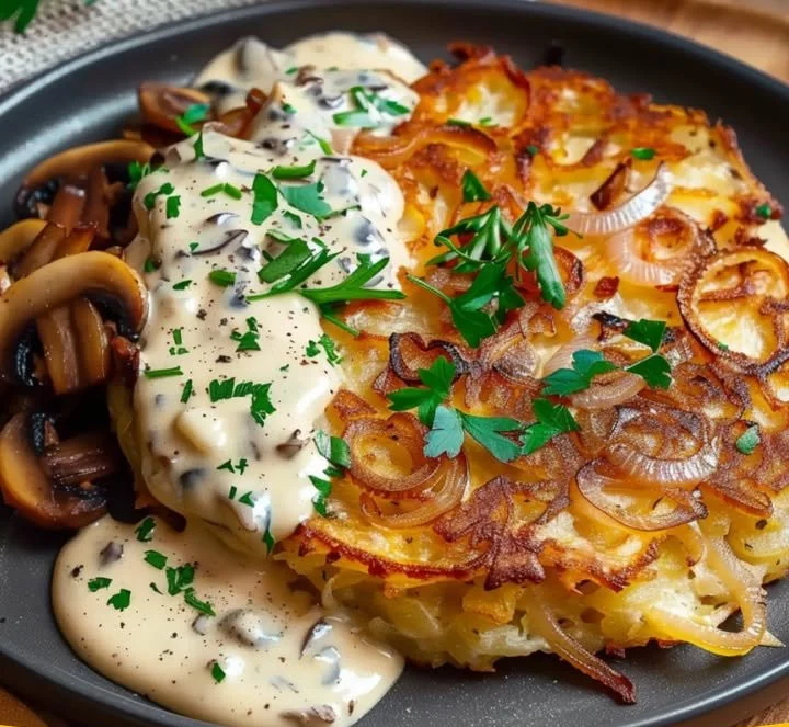 Mozzarella Rösti mit Zwiebel-Pilzrahmsoße