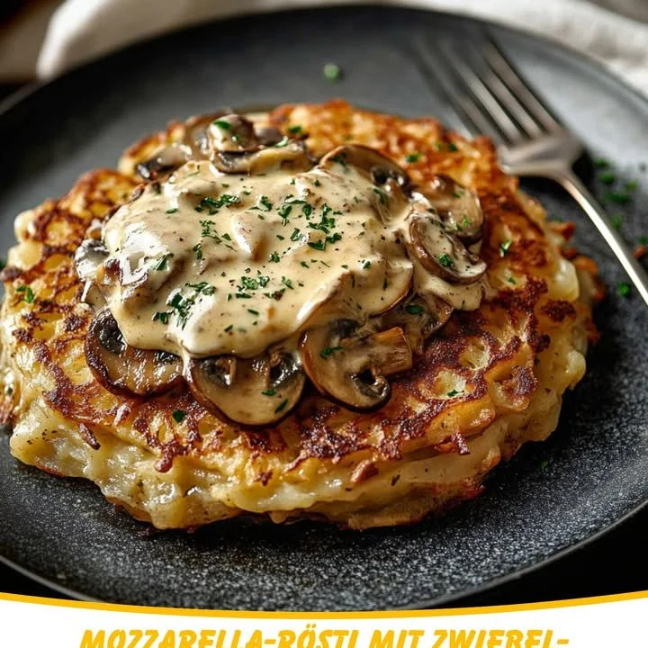 Mozzarella-Rösti mit Zwiebel-Pilzrahmsoße