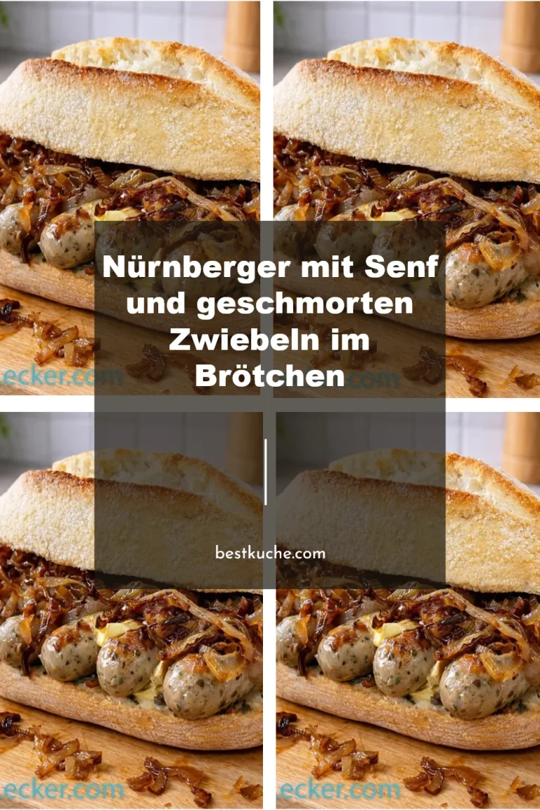 Nürnberger Brötchen mit Senf und geschmorten Zwiebeln auf einem Teller