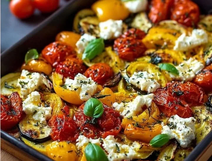 Ofengemüse mit Feta überbacken auf einem Teller angerichtet.
