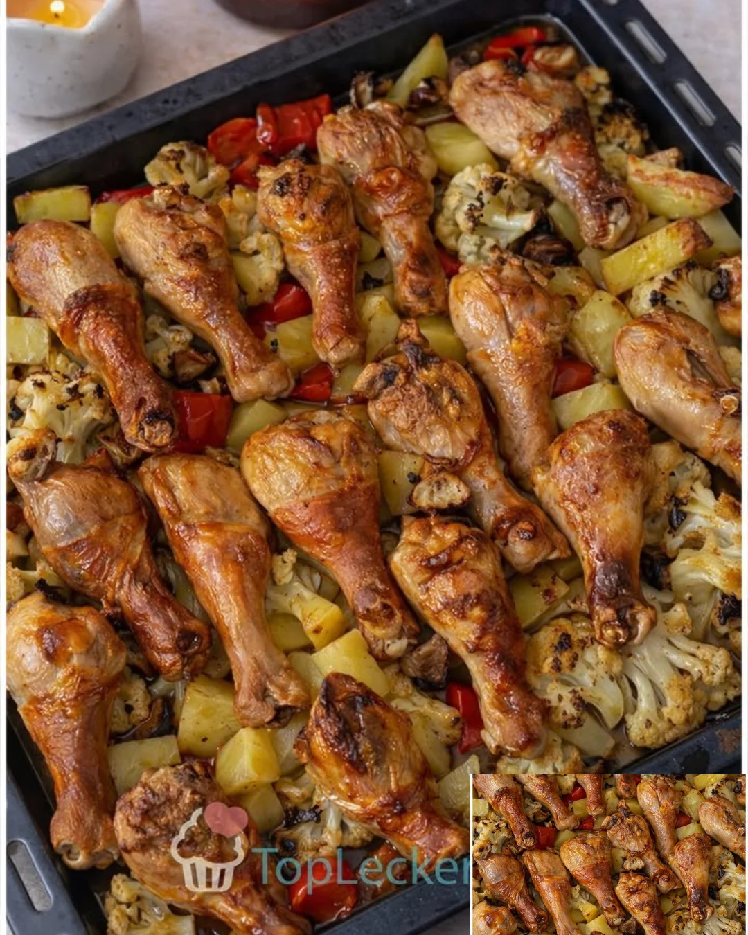 Ofenhähnchen mit Kartoffeln und Gemüse auf einem Teller serviert.