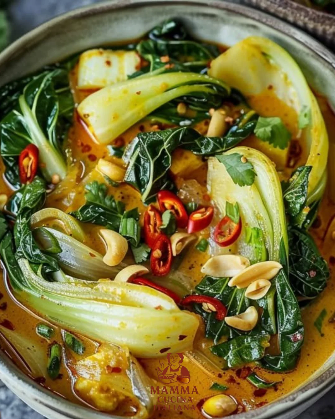Schmackhaftes Pak Choi Curry mit Gewürzen und frischem Gemüse