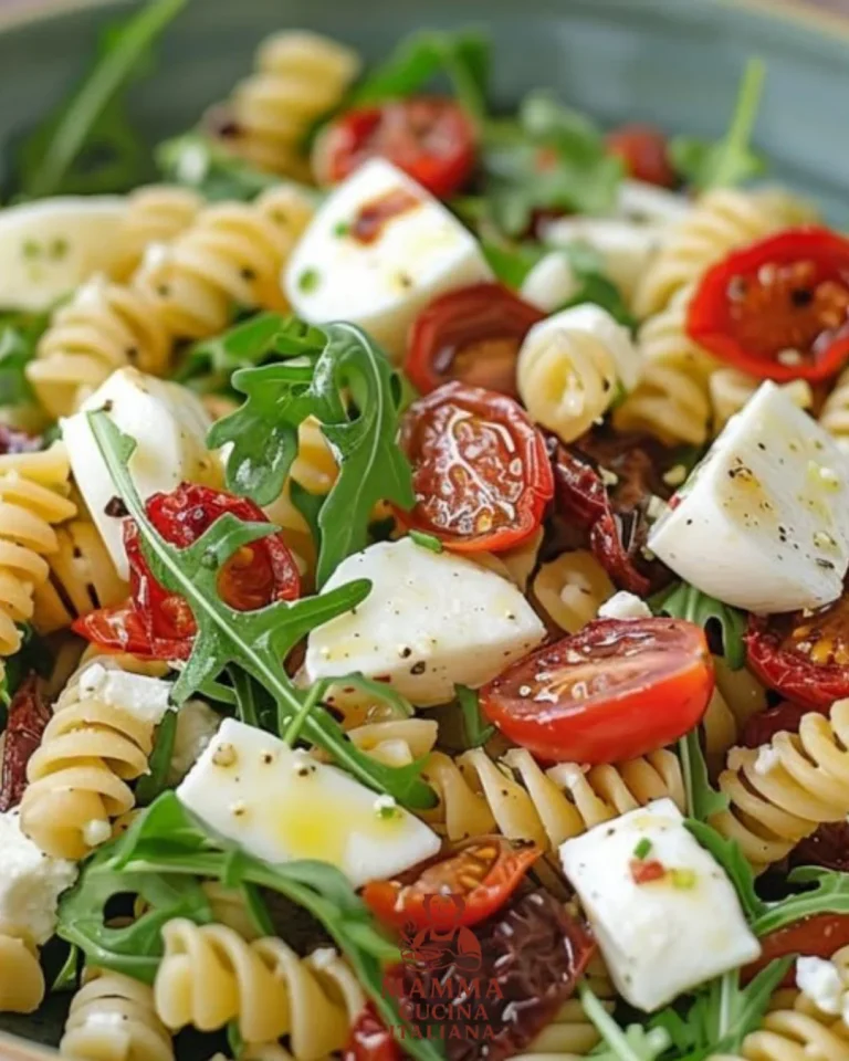 Pasta-Salat mit Mozzarella, getrockneten Tomaten und Rucola auf einem Teller