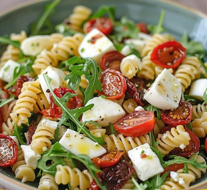 Pasta-Salat mit Mozzarella, getrockneten Tomaten & Rucola
