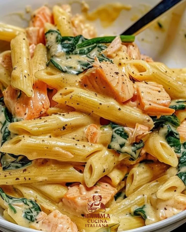 Penne mit Lachsrahmsauce und frischem Spinat auf einem Teller