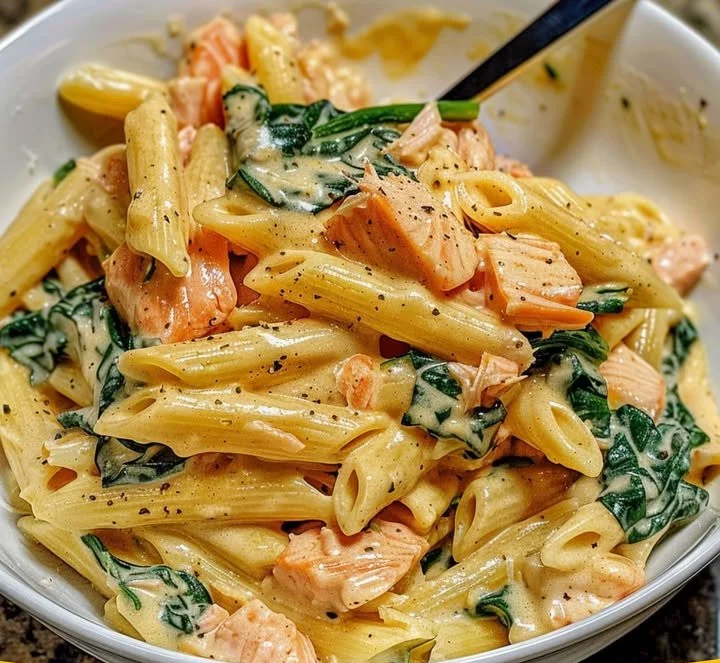 Penne with salmon cream sauce and spinach