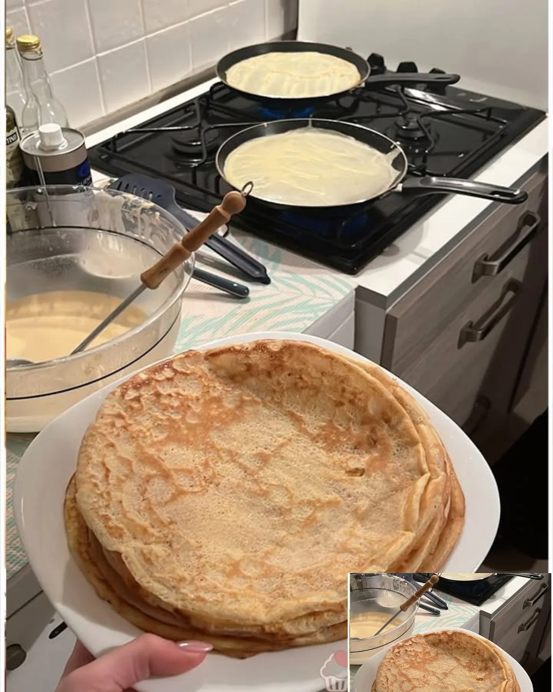 Delicious homemade Pfannkuchen served with syrup and fruits.