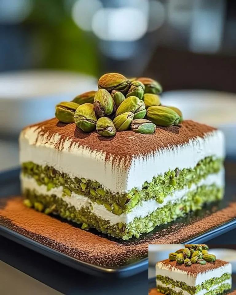 Leckeres Pistazien-Tiramisu in einer eleganten Dessertschüssel serviert.