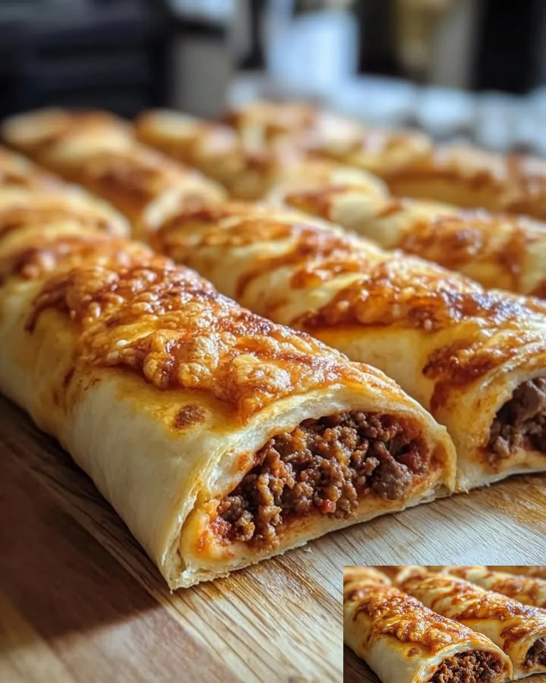 Rolle aus Pizzateig mit Hackfleischfüllung auf einem Teller