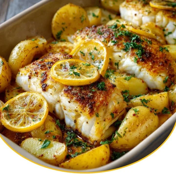 Portugiesischer Ofenfisch mit Kartoffeln zubereitet im Ofen