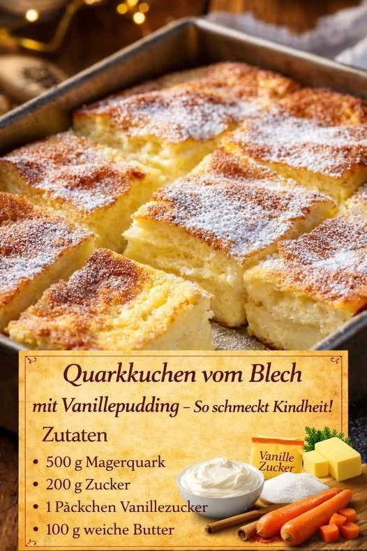 Quarkkuchen vom Blech mit Vanillepudding