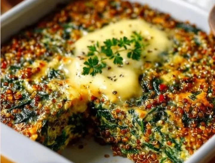 Quinoa und Linsen Spinat-Auflauf auf einem Teller serviert