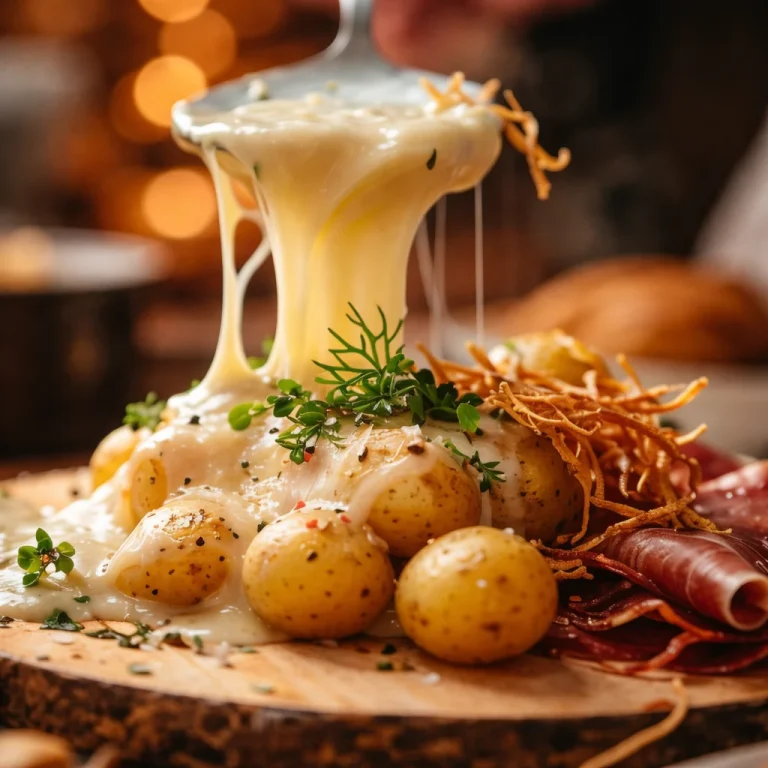 Raclette mit geschmolzenem Käse, Kartoffeln, Essiggurken und Zwiebeln auf dem Tisch.