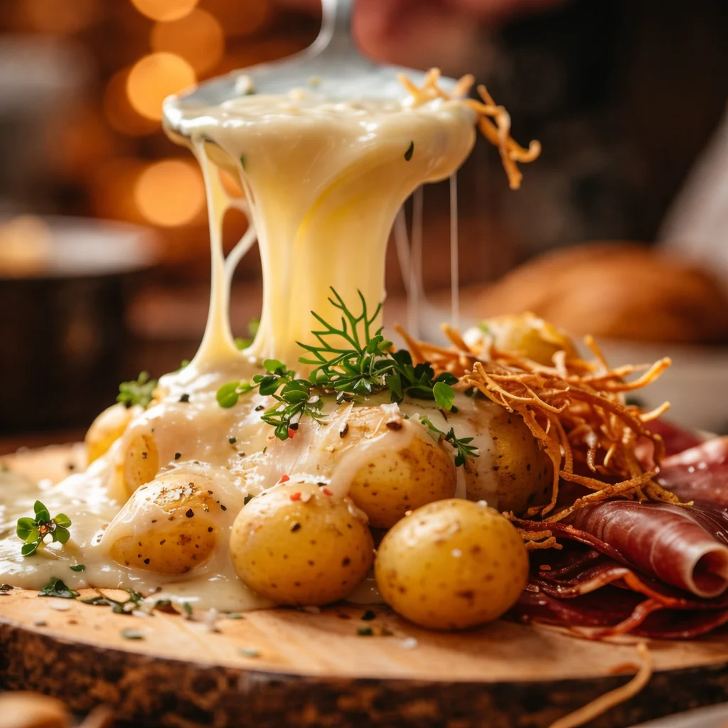 Raclette mit geschmolzenem Käse, Kartoffeln, Essiggurken und Zwiebeln auf dem Tisch.