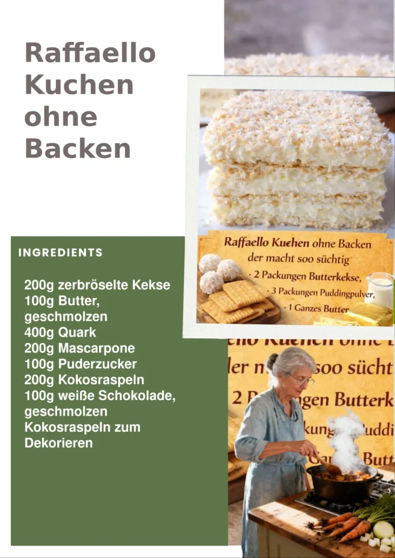 Raffaello Kuchen ohne Backen auf einem Teller, dekoriert mit Kokosraspeln
