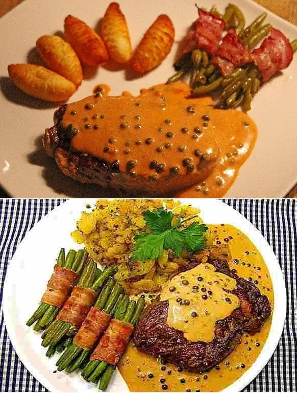 Rinderfilet mit grüner Pfeffersahnesoße, serviert auf einem Teller