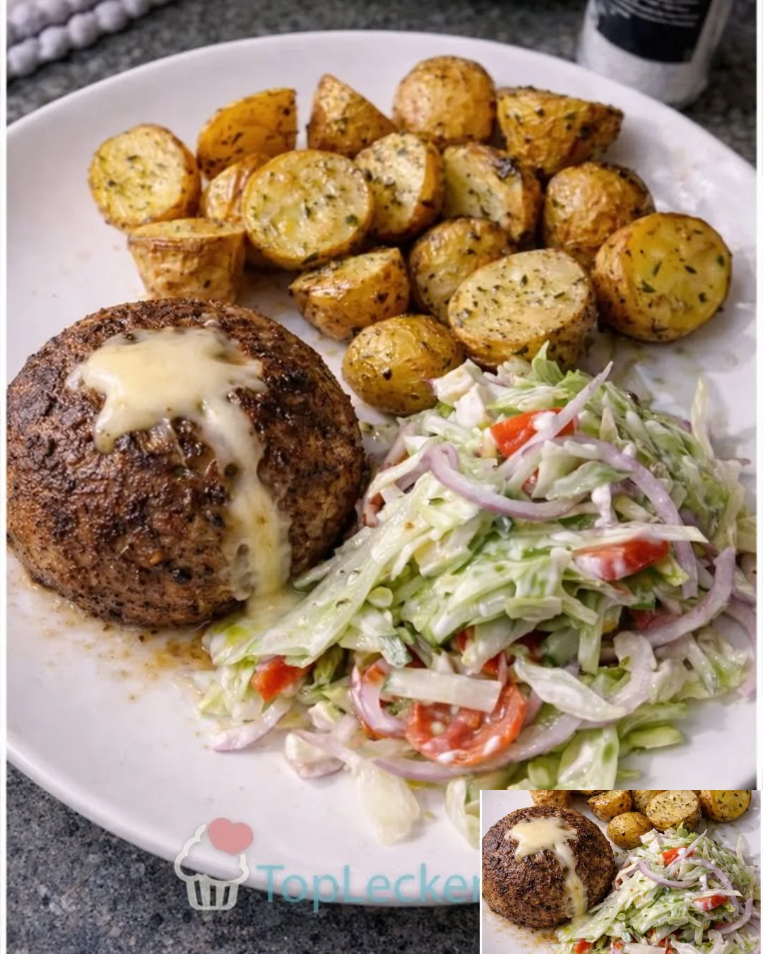 Rinderfrikadelle serviert mit Ofenkartoffeln und Krautsalat