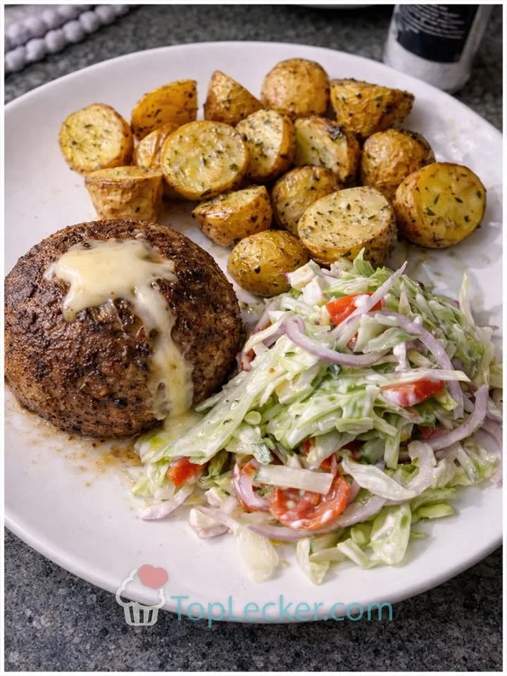 Rinderfrikadelle mit Ofenkartoffeln und Krautsalat