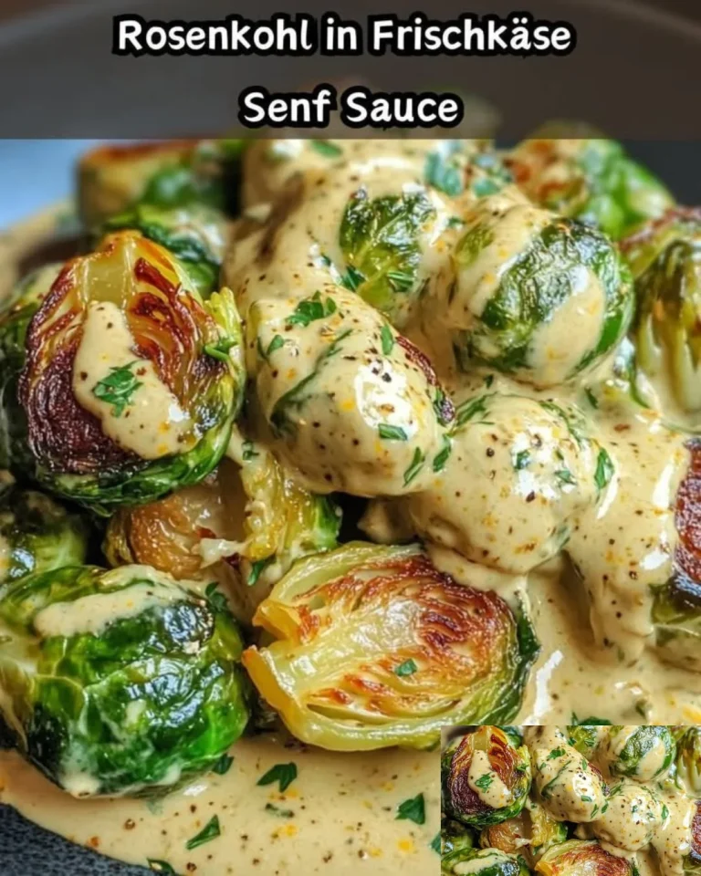 Rosenkohl in Frischkäse Senf Sauce auf einem Teller serviert