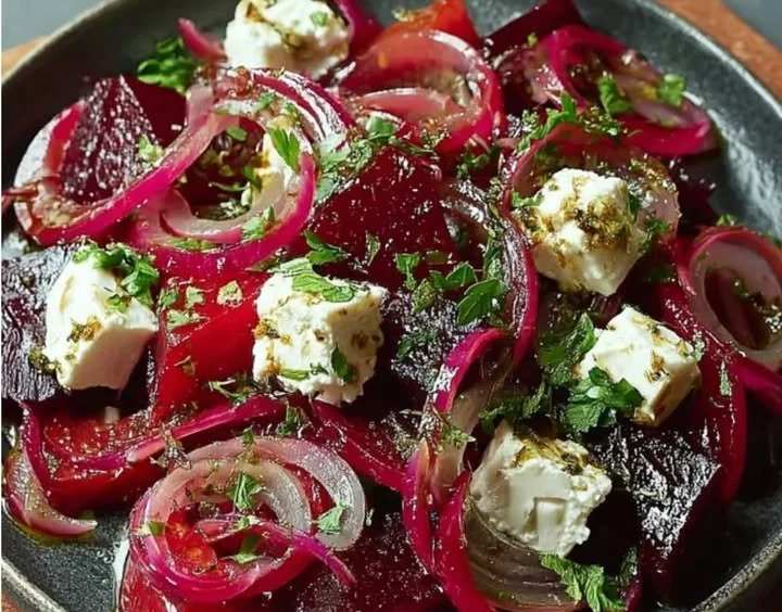 Leckerer Rote Bete Feta Salat mit frischen Zutaten und einer bunten Präsentation.