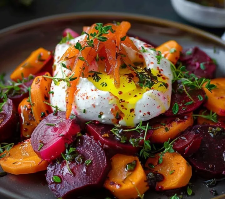 Rote Bete und Karotten-Salat mit Burrata auf einem Teller