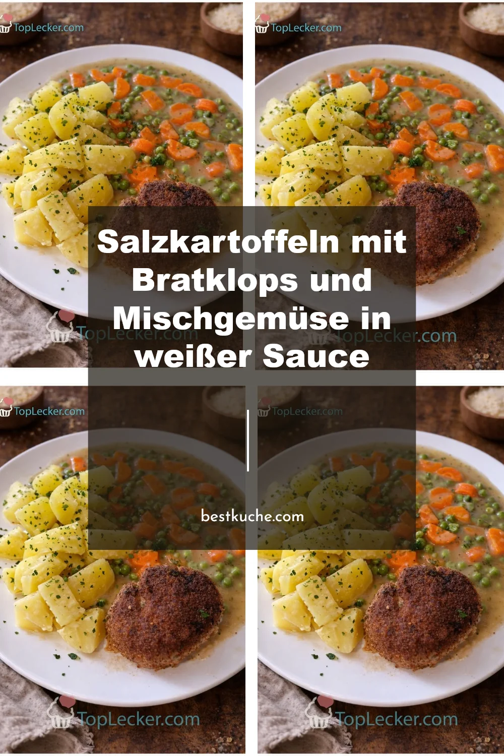 Salzkartoffeln mit Bratklops und Mischgemüse in weißer Sauce serviert