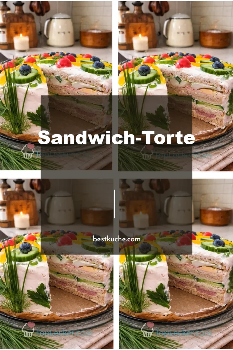 Leckere Sandwich-Torte mit verschiedenen Füllungen für eine festliche Präsentation.