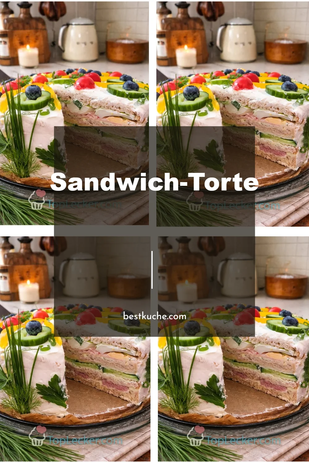 Leckere Sandwich-Torte mit verschiedenen Füllungen für eine festliche Präsentation.