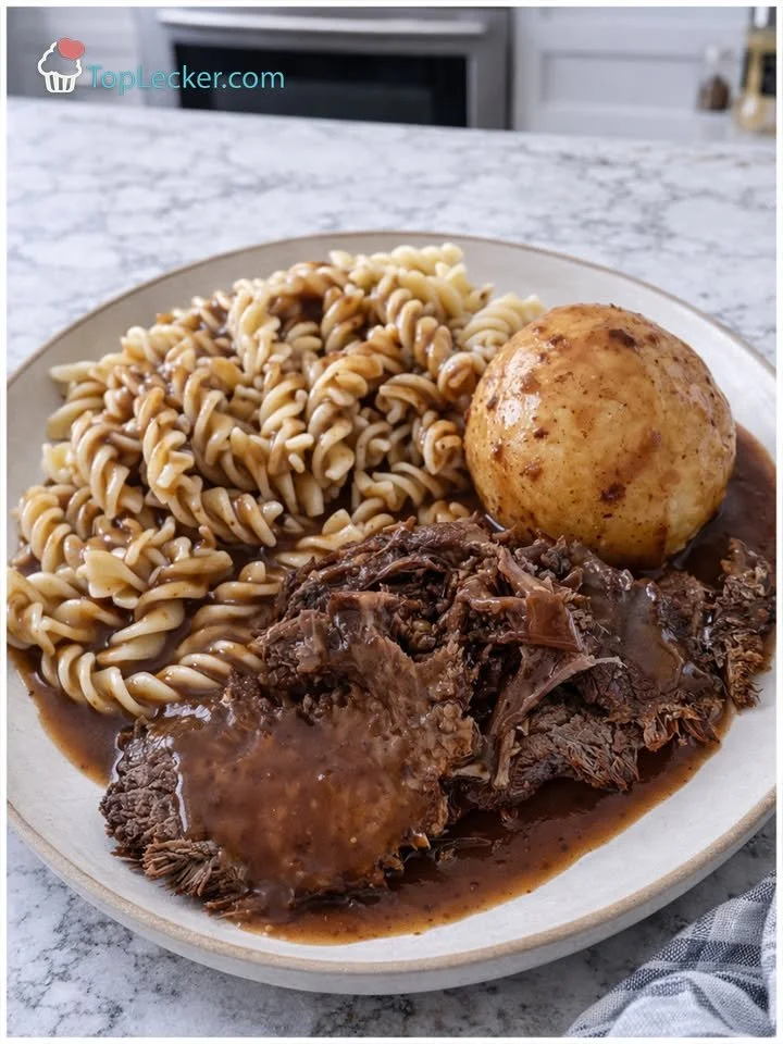 Sauerbraten mit Klößen und Nudeln