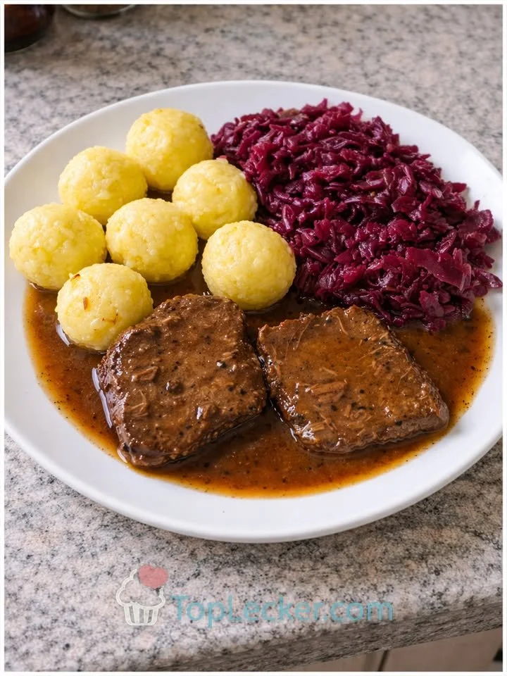 Sauerbraten mit Rotkraut und Miniklößen