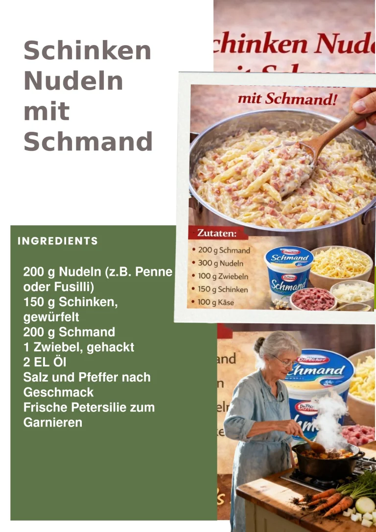 Schinken Nudeln mit Schmand auf einem Teller serviert