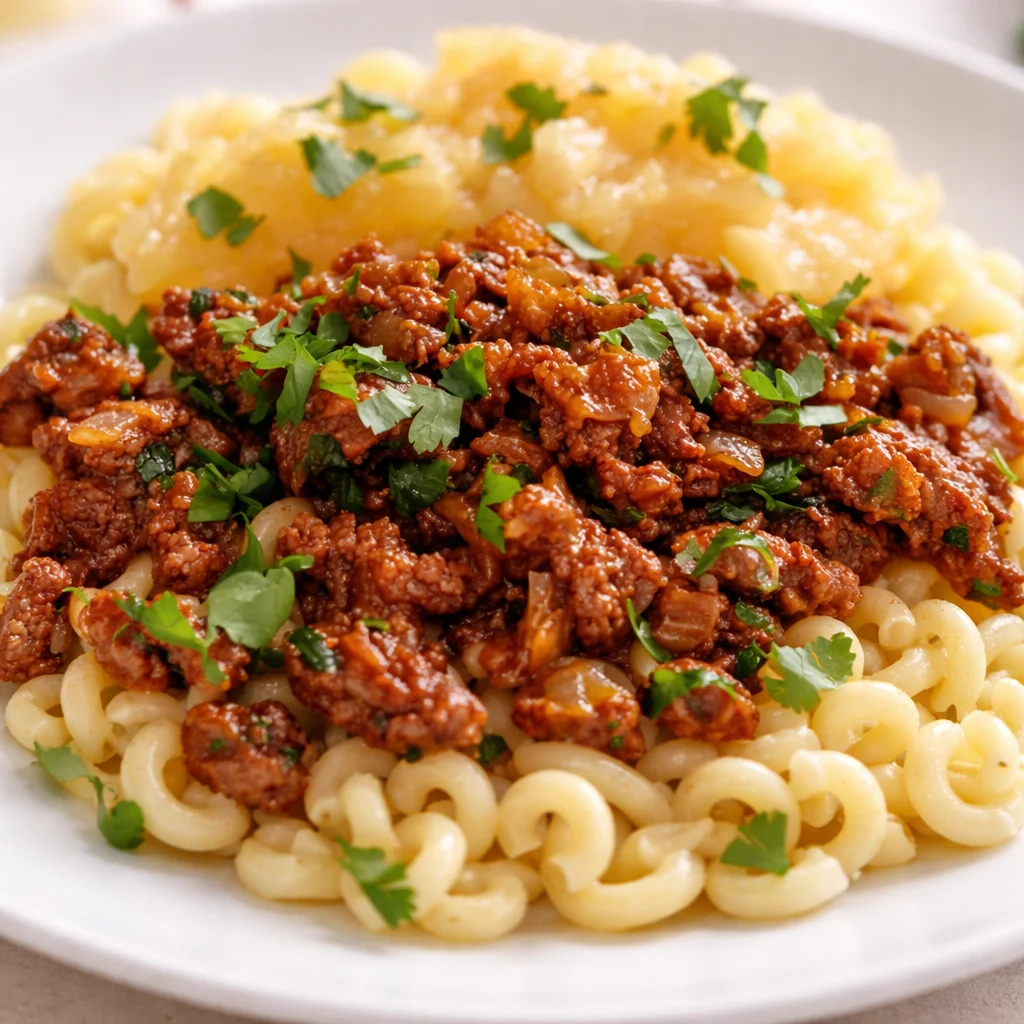 Schnitz und Hörnli - ein Schweizer Klassiker mit Hörnli-Nudeln und geschnetzeltem Fleisch.