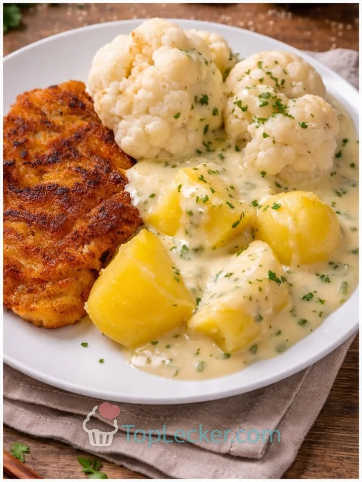 Schnitzel mit Blumenkohl, Kartoffeln und Soße