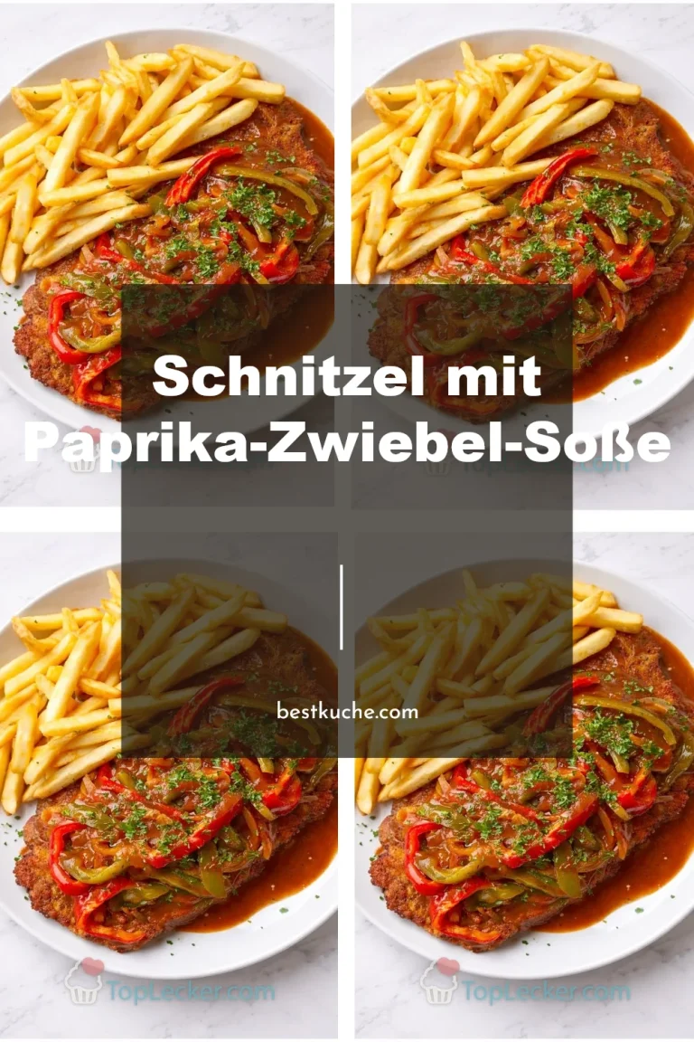 Schnitzel mit Paprika-Zwiebel-Soße auf einem Teller serviert