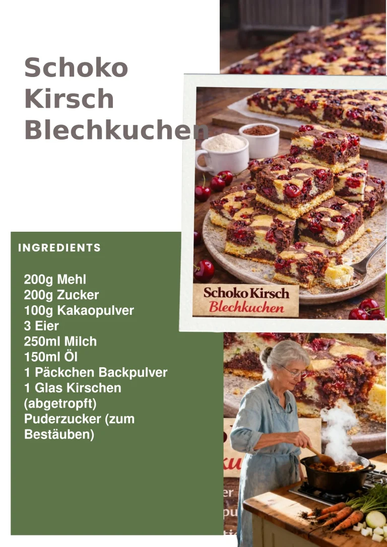 Schoko Kirsch Blechkuchen auf einem Teller serviert, dekoriert mit Kirschen.