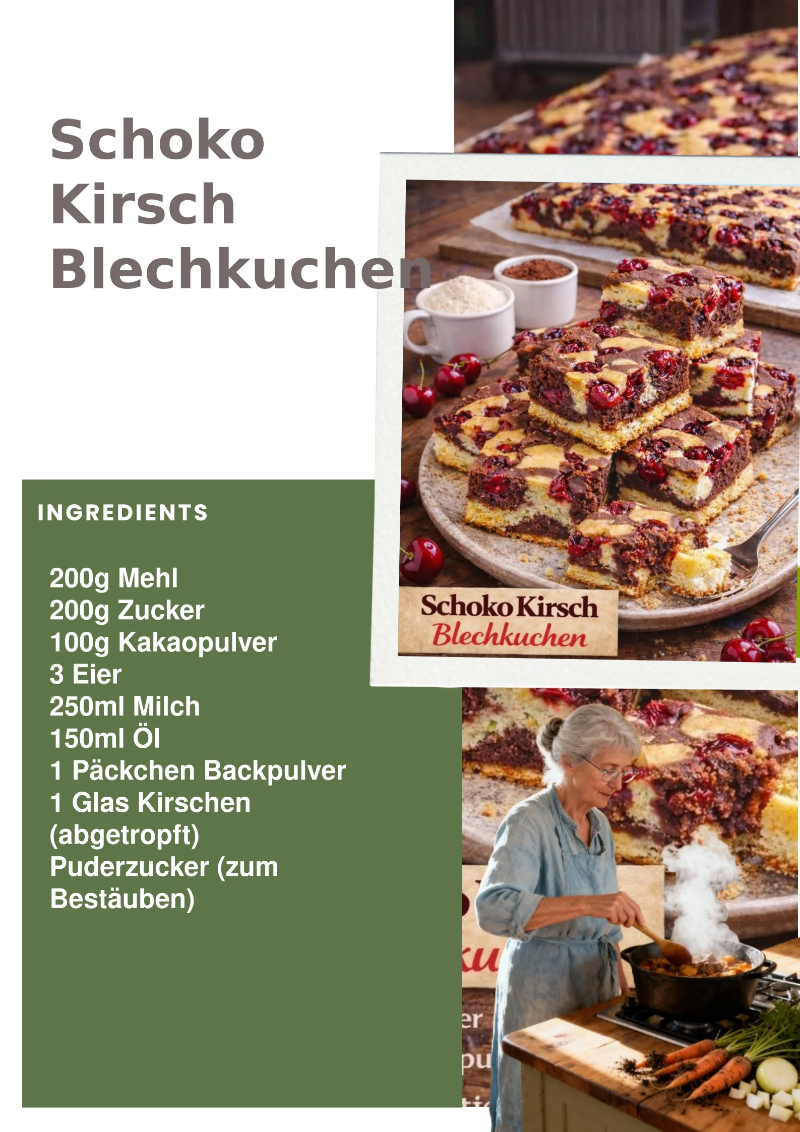 Schoko Kirsch Blechkuchen auf einem Teller serviert, dekoriert mit Kirschen.