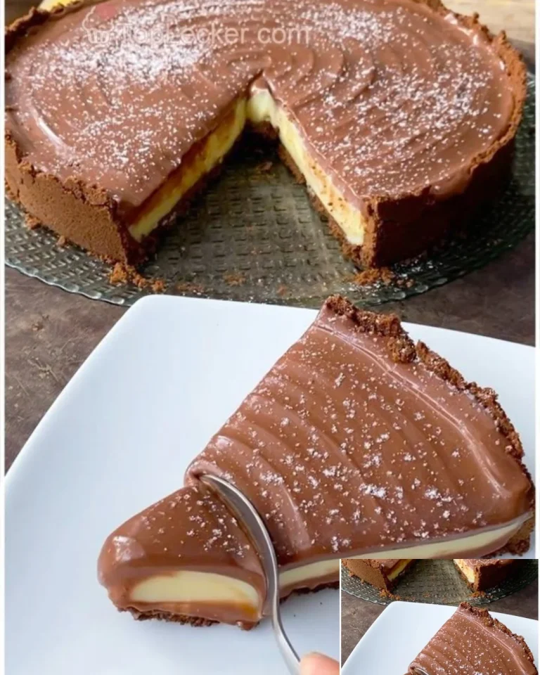 Schoko Vanille Tarte ohne Backen auf einem eleganten Servierteller