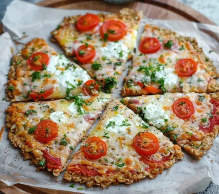 Schüttelpizza mit Haferflocken und Hüttenkäse auf einem Teller serviert