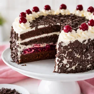 Ein Stück klassische Schwarzwälder Kirschtorte auf einem Teller.