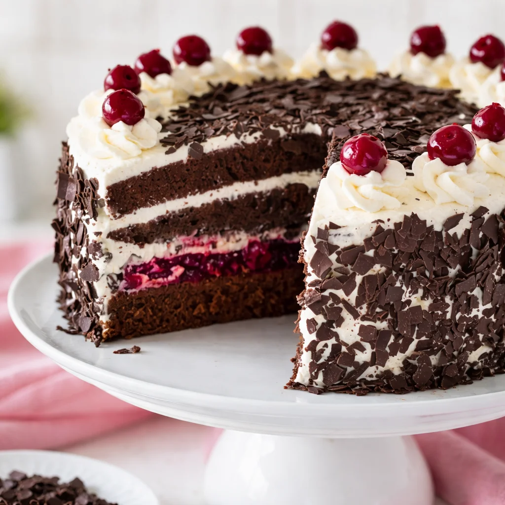 Ein Stück klassische Schwarzwälder Kirschtorte auf einem Teller.