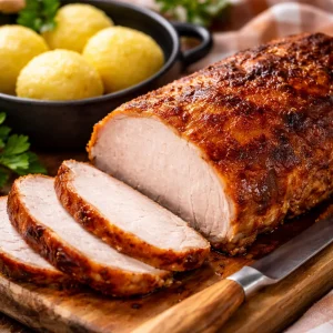 Schweinebraten Rezept mit knuspriger Kruste und saftigem Fleisch im Ofen zubereitet