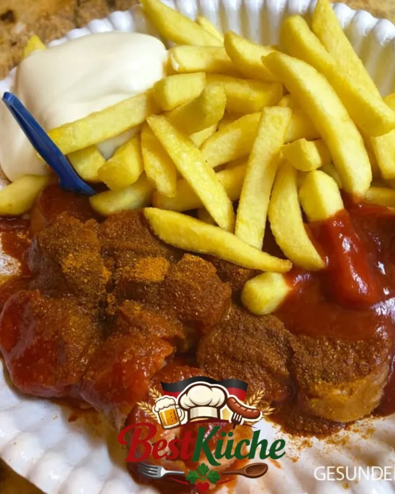 Selbstgemachte Currywurst mit Pommes auf einem Teller