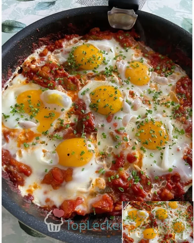 Leckere Shakshuka aus der Pfanne mit Eiern und Tomatensauce
