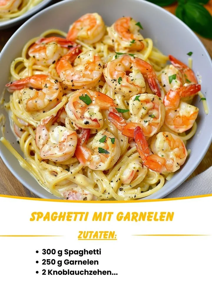 Spaghetti with shrimp in creamy cream cheese sauce