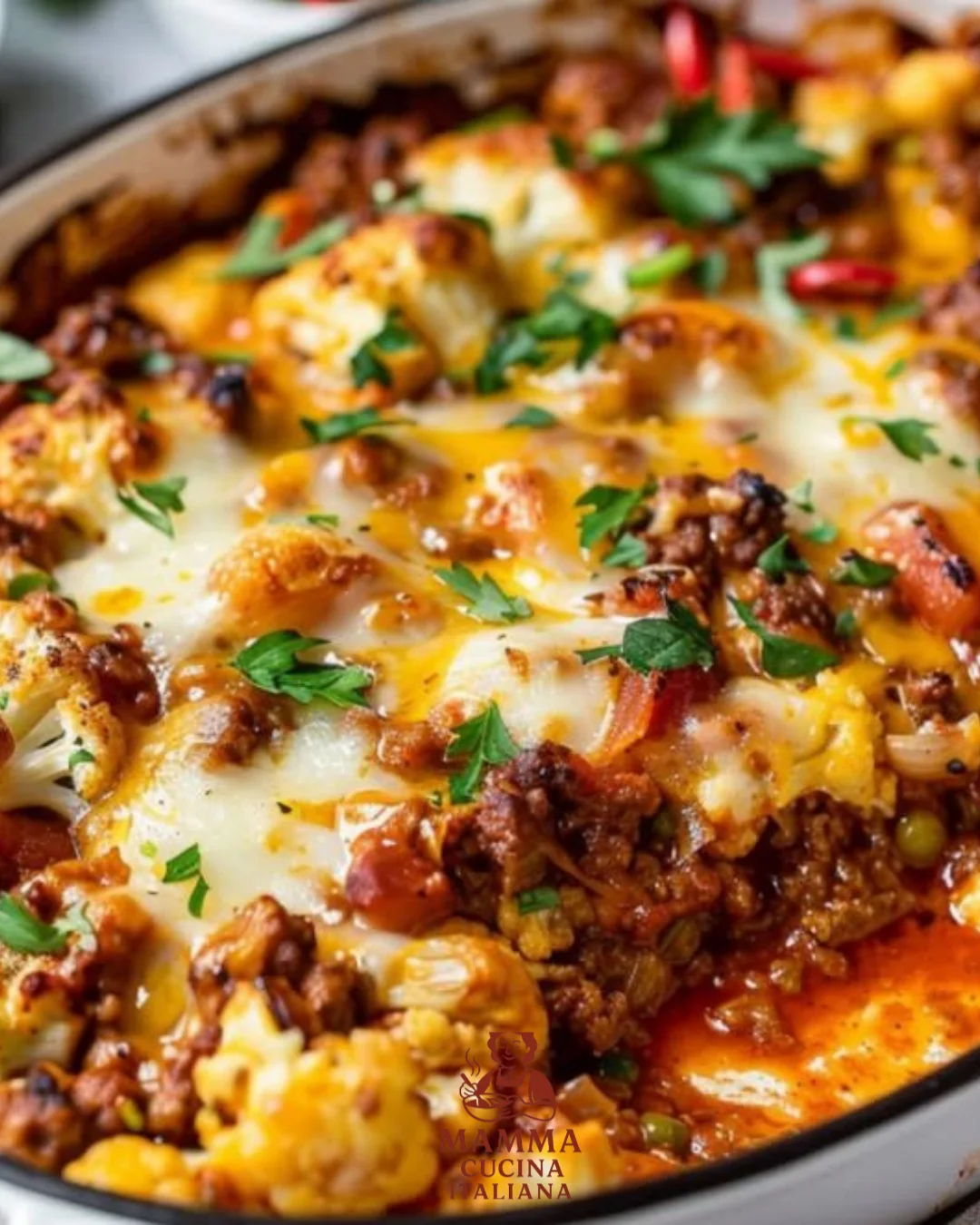 Würziges Blumenkohl-Hackfleisch-Casserole, frisch aus dem Ofen, lecker und nahrhaft.