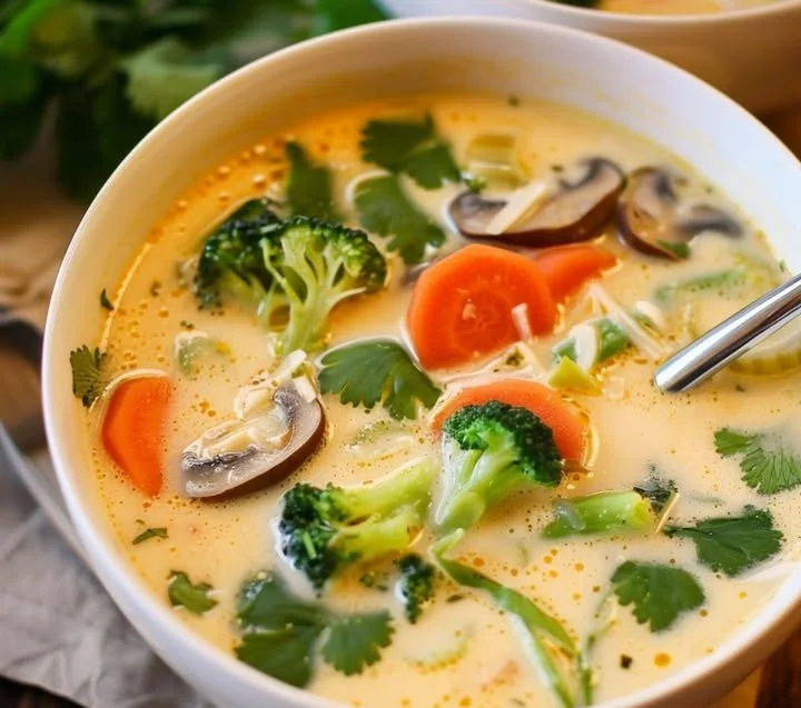 Schüssel mit Thai-Kokos-Suppe und frischem Gemüse