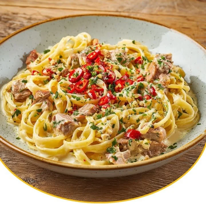 Thunfisch-Spaghetti mit Knoblauch auf einem Teller angerichtet.