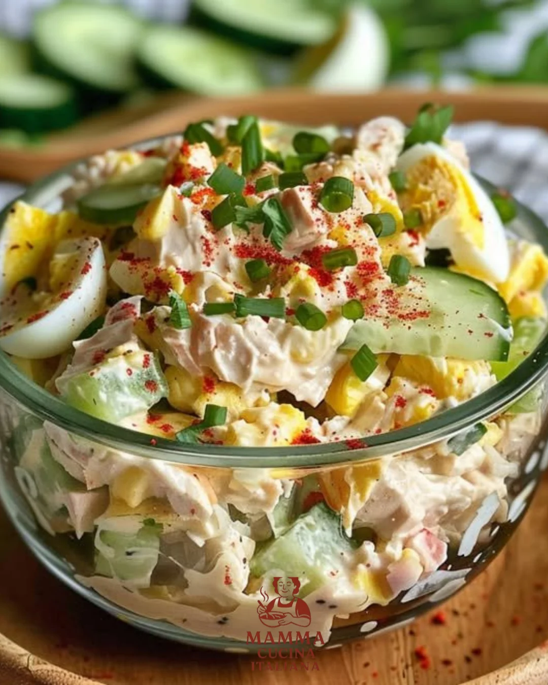 Thunfischsalat mit Ei und Joghurt in einer Schüssel angerichtet