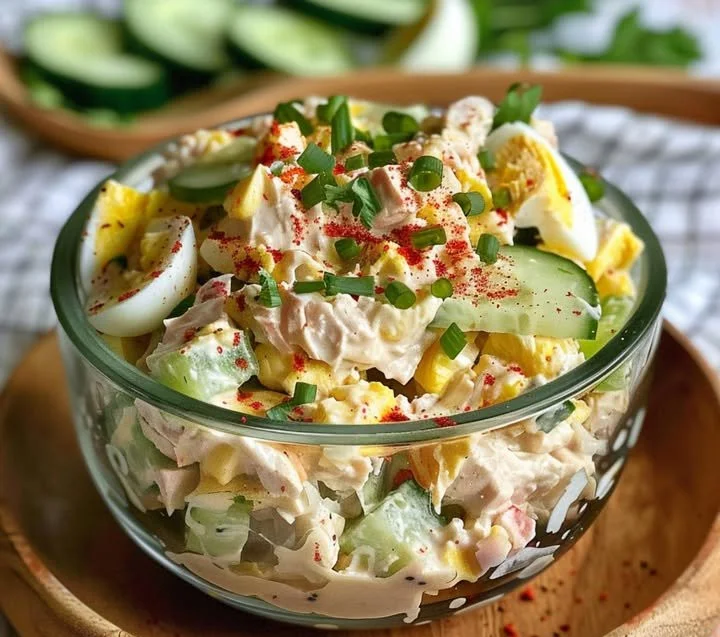 Thunfischsalat mit Ei und Joghurt auf einem Teller serviert