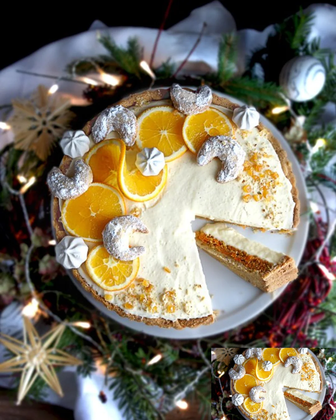 Vanillekipferl-Torte mit einer Garnitur aus Puderzucker und Mandeln